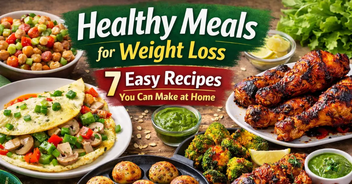 Healthy meals for weight loss featuring egg white omelette, grilled chicken, oats paniyaram, broccoli, and chickpea salad arranged on a table with bold title text.
